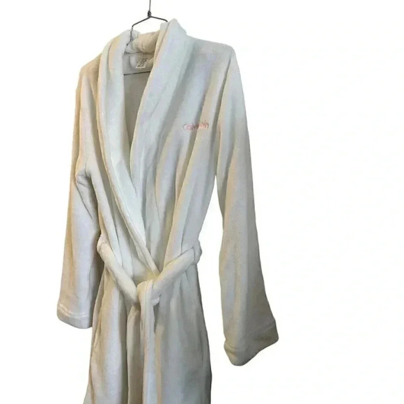 CALVIN KLEIN Plush Bridal White Bathrobe Lounge Pockets Sash/Belt Womens Sz XS/S - Picture 10 of 16
